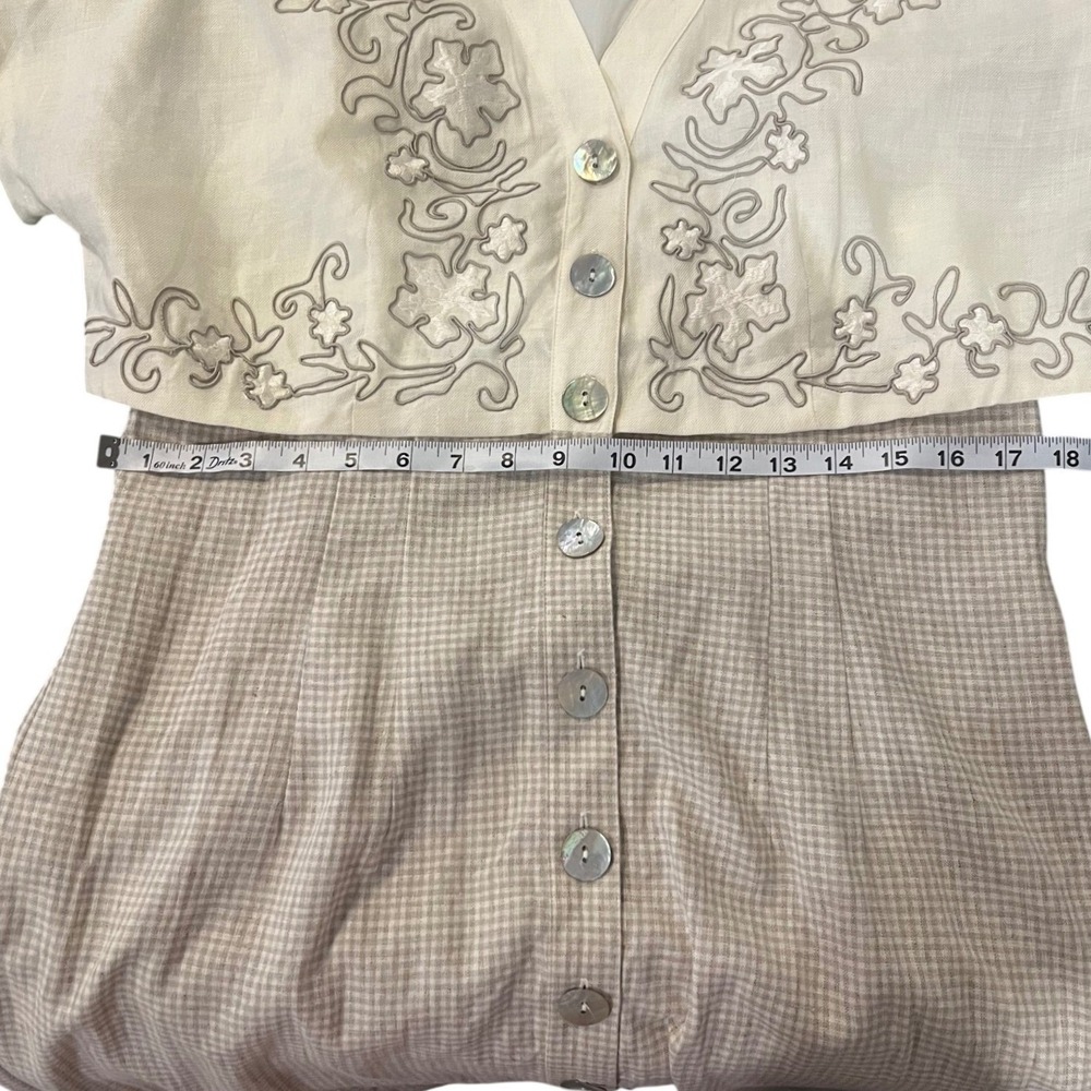 Plaza South Vintage 90s Embroidered Gingham Midi Dress NOS Ramie Linen Tan 14 - Picture 4 of 9